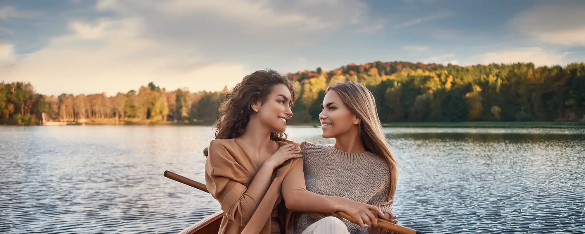 湖で手漕ぎボートでデートする女と女のカップルをアップで